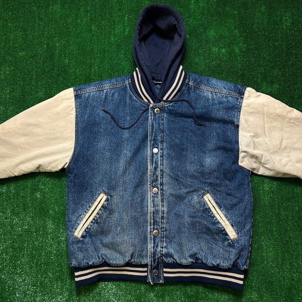 Y2K / Vintage Basic Editions Denim Varsity M Blue Bomber Two Tone Removable Hood - Picture 5 of 13